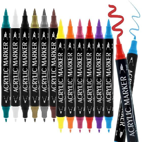 24 Colors Dual Tip Acrylic Paint Markers Pen Set with Brush Tip & Fine Tip Acrylic Marker Pens for Rock Wood Glass Fabric Canvas Paper Art Supplies