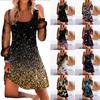 Robe en maille transparente pour femmes, Patchwork, col en U, ample, paillettes brillantes, manches longues, doux, ourlet irrégulier, pull, Mini robe