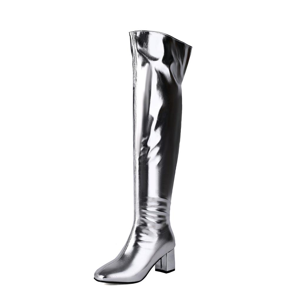 Metallic Gold Silver Thigh High Long Boots Women's Patent Leather Over the Knee High Boots Chunky Heels Shoes