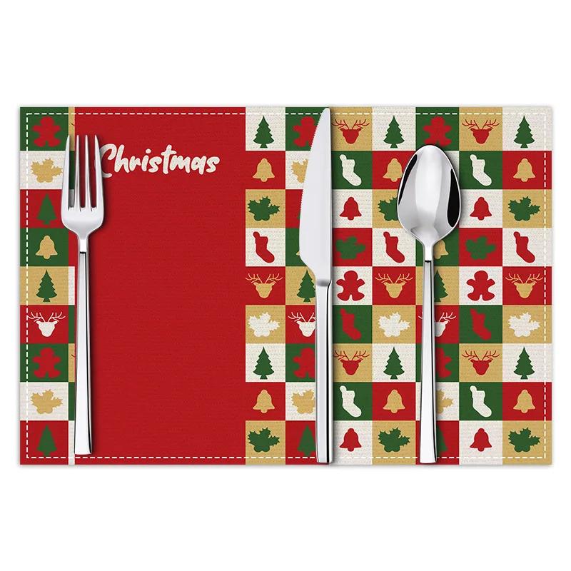 Christmas Plaid Placemat Linen Christmas Tree Snowman Print Table Mat Party Decoration Insulation Mat 30 X 45cm Coaster Placemat