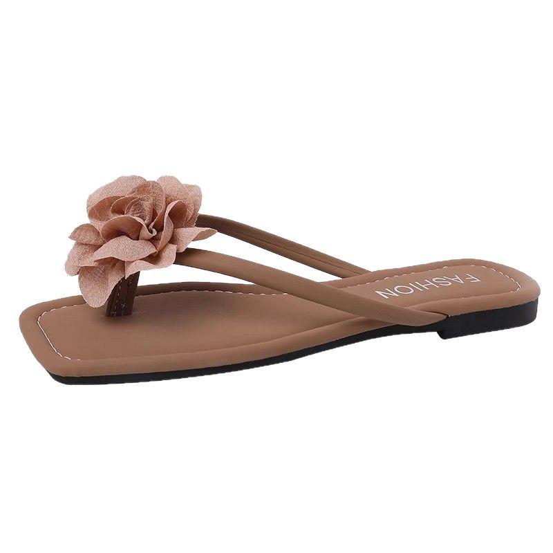 New Seaside Beach Shoes Korean Version of Women's Summer Fashion Flat Bottom Simple Solid Color Pearl Toe Flip-flops Shoes Versatile