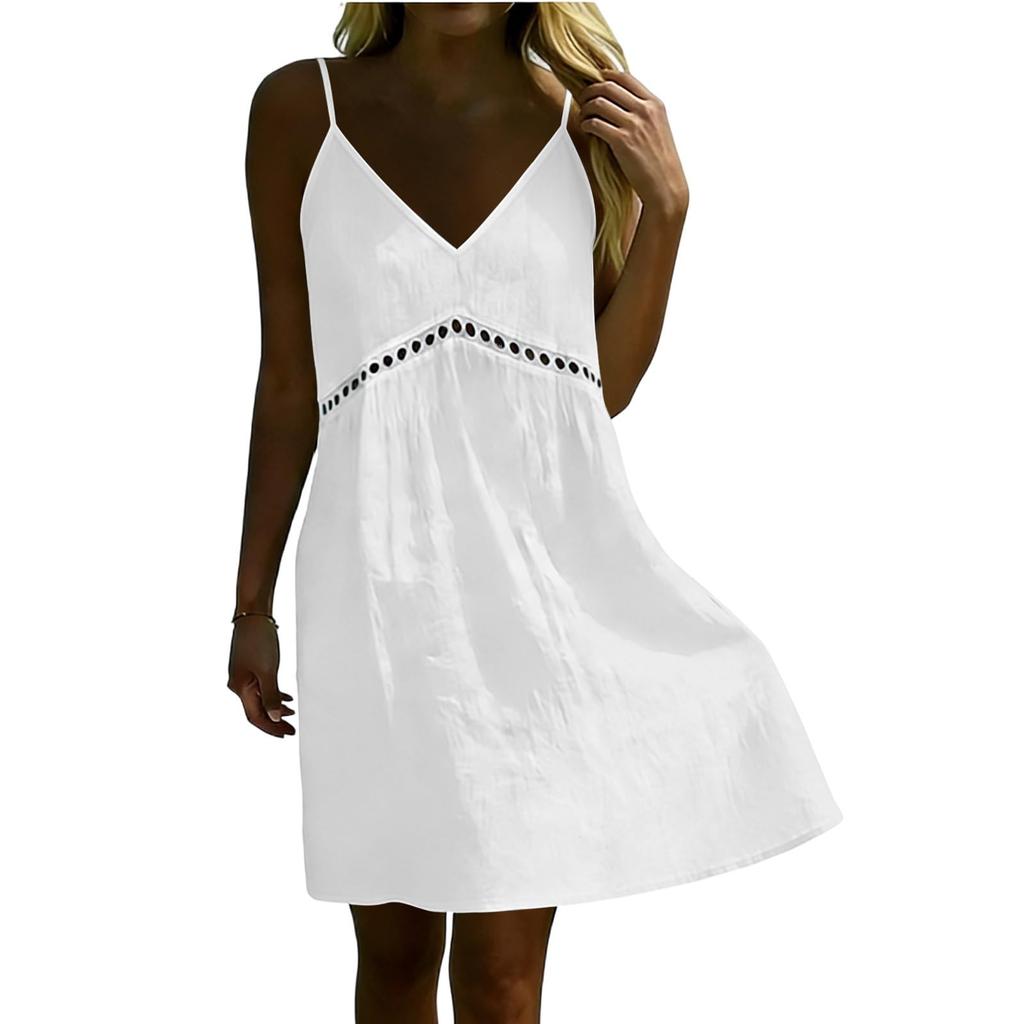Women's Casual Spaghetti Strap V Neck Hollow Out Dress Summer Lightweight Loose Fit Sleeveless Mini Dress for Outdoor Daily Wear