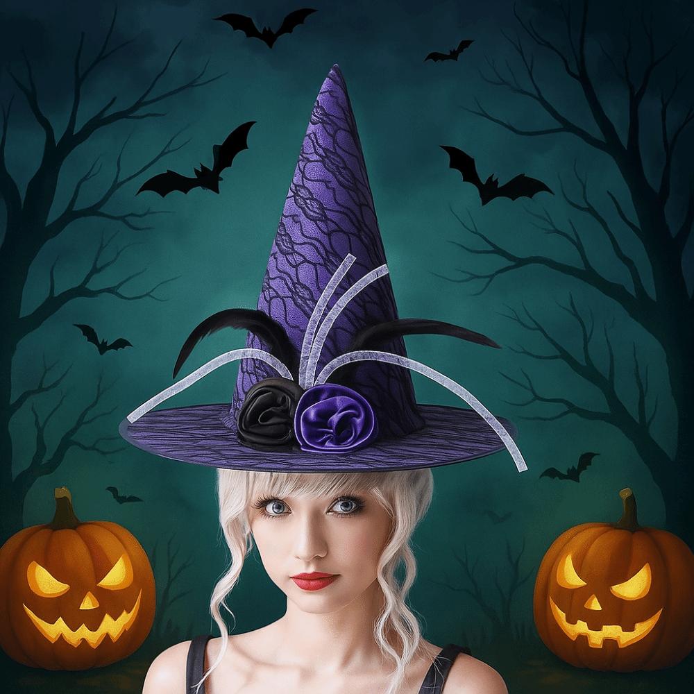 Foldable Flower Wizard Cap Rose Feather Halloween Cap Funny Halloween Witch Hat  Women