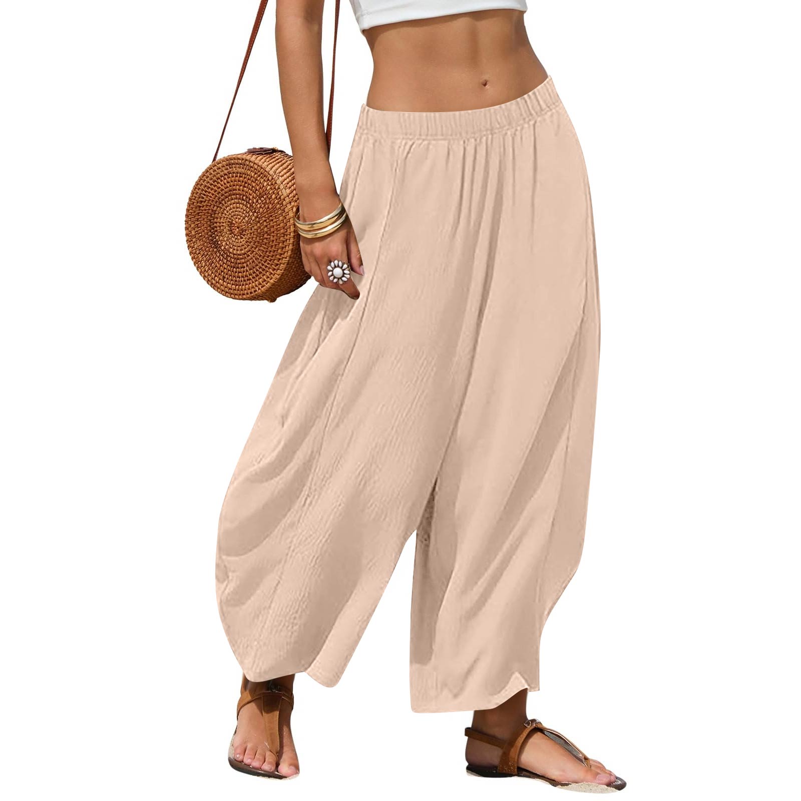 Women s Casual Patchwork Loose-Fit High-Waisted Wide-Leg Pants S