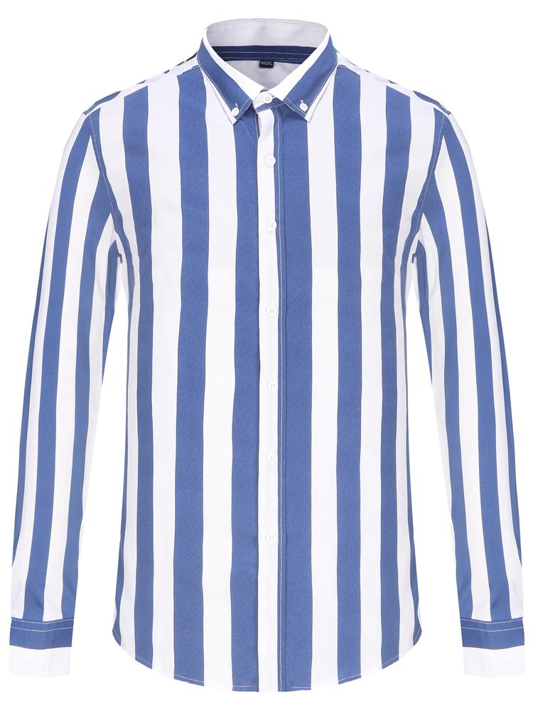 Men's Spring Summer Color Block Striped Dress Shirt Without Pocket Wrinkle-Resistant Button-down Long Sleeve Lightweight Shirts