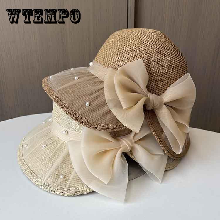 Lace Bead Split Bow Straw Hat Women's Summer Elegant Basin Hat Big Along Beach Sun Hat
