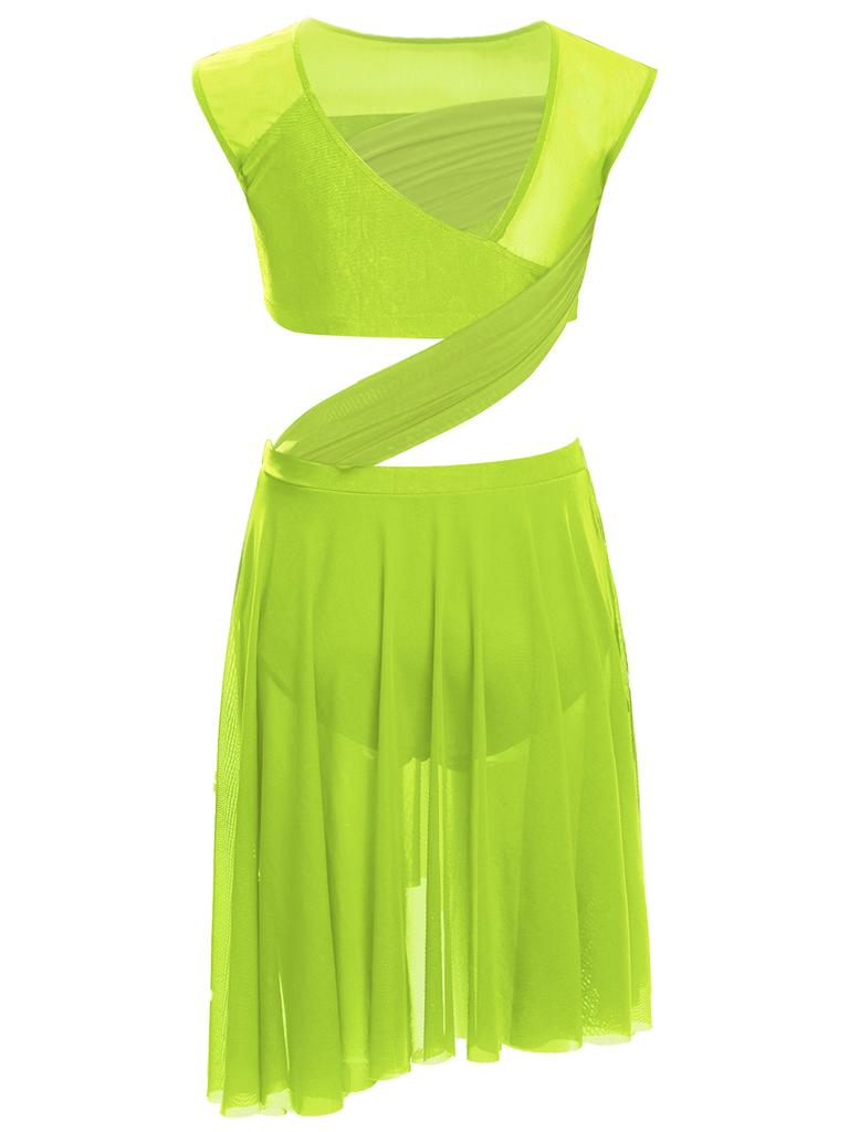 Mergaičių Lyrinio šokio suknelė Vientisa Berankovė Permatomo tinklelio Patchwork Asimetriškas kraštas Pasirodymo kostiumas