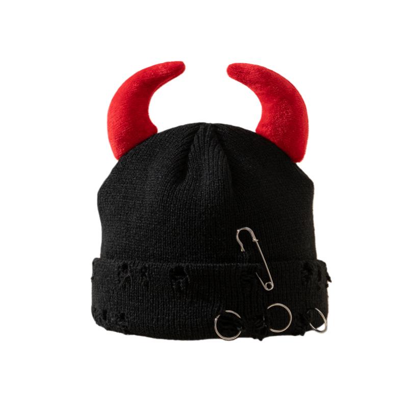 Korean Horn Button Wool Beanie with Devil Ears - Unisex Spring/Autumn Hat