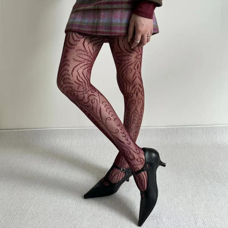 Women Vintage Hollowed Out Fishnet Pantyhose Stockings Japanese Aesthetic Exotic Patterned Sheer Mesh Tights Leggings