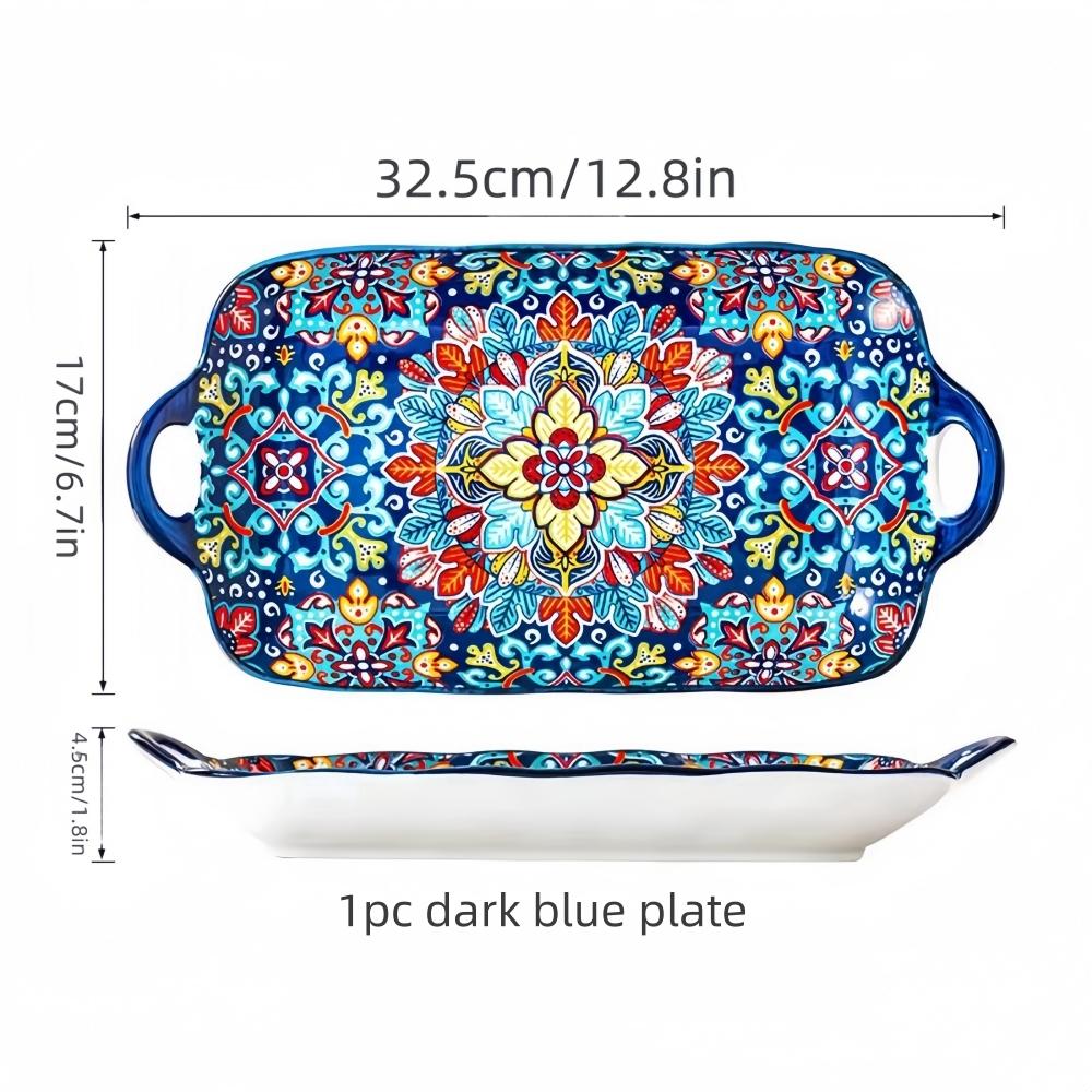 1pc Bohemian style ceramic fish dish with handle: 12.8-inch rectangular dining table tray, suitable for microwave and oven