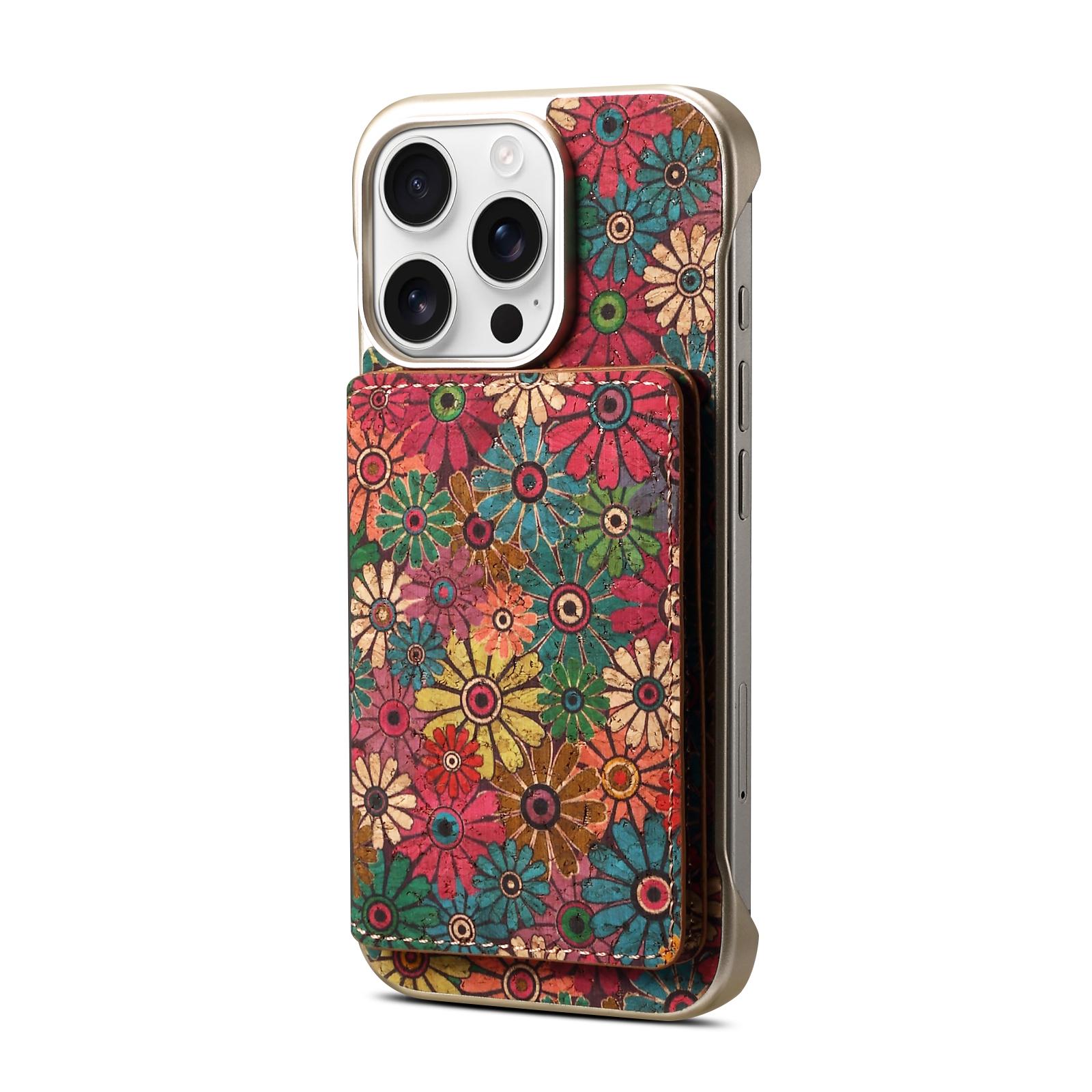 Denior | Embossed Flower Design Cork Magnetic Charging Wallet Case for 16/15/14 Series Phones Opp Bag&For iPhone 16 зелёный