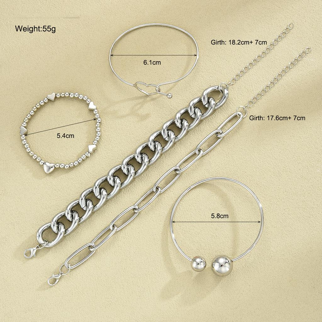 5pcs Vintage Exaggerated Minimalist Heart Bracelet Set Boho Chunky Silver Color Thick Chain Bead Bracelets For Women Jewelry New