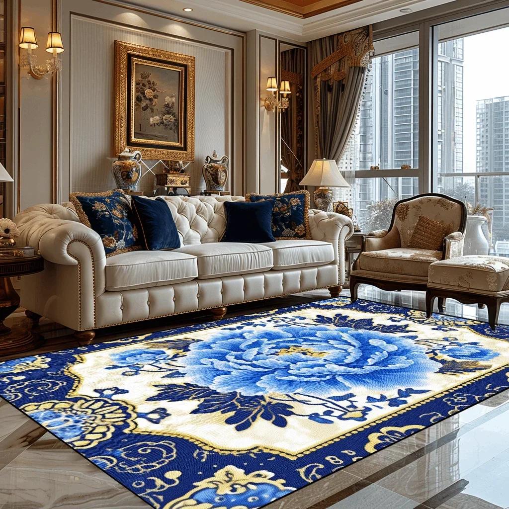 Deluxe European Style Carpet for Living Room Blue Home Decor Bedroom Tea Table Soft Rug Washable Short Plush Lounge Floor Mats