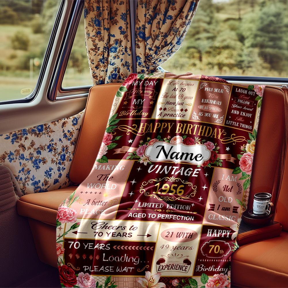 Vintage 70Th Birthday Celebration Blanket Personalized Name Soft Comfortable Stylish Blanket Car Blanket Perfect For Travel Camping Outdoor Home
