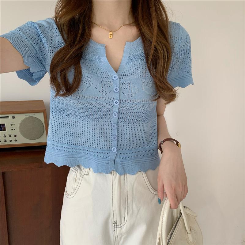 Fashion Hollow Out Thin Knit Short-sleeved Cardigan Tops Summer Casual Summer Essential Comfort and Style Slim Fit Pullovers Tees