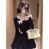 Xiaoxiangfeng black off-the-shoulder bow dress women's spring new unique and beautiful waist and thin short skirt