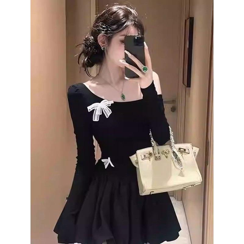 Xiaoxiangfeng black off-the-shoulder bow dress women's spring new unique and beautiful waist and thin short skirt