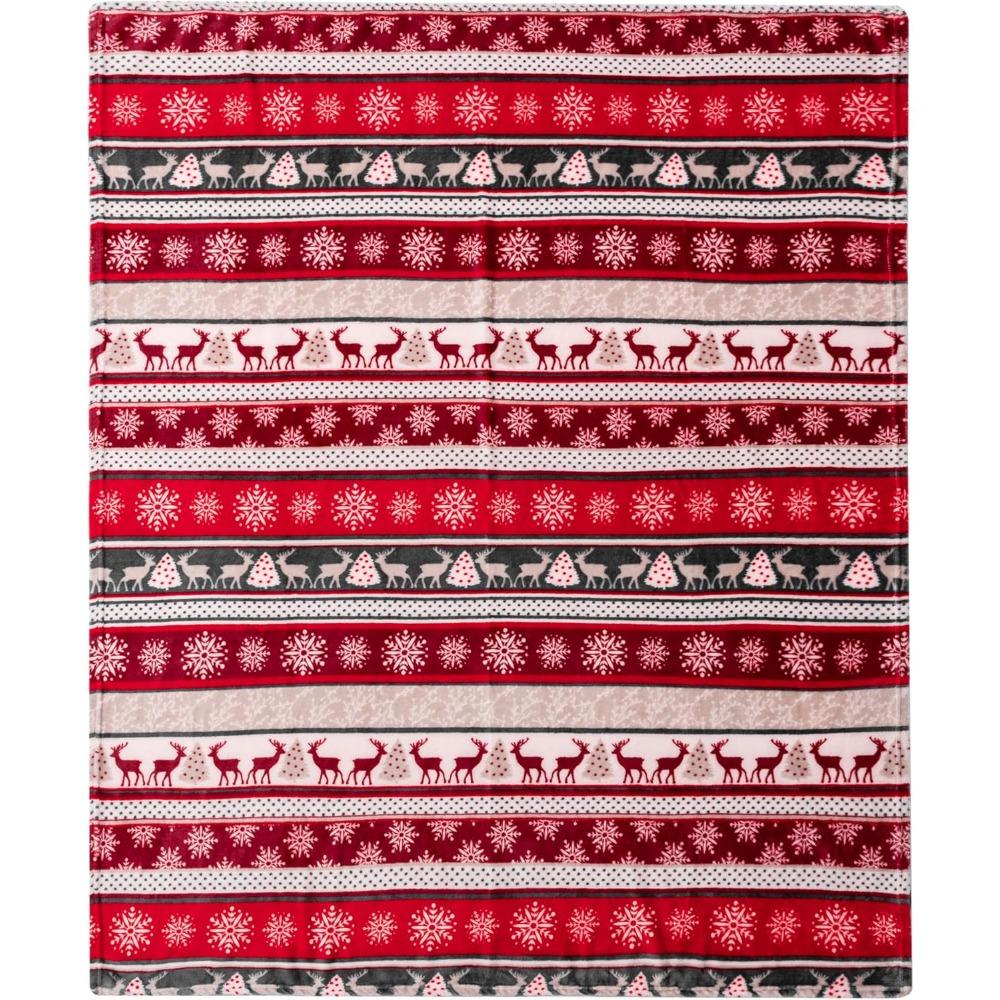 Christmas Reindeer Snowflake Striped Flannel Throw Blanket, Red Xmas Pattern Warm Cozy Blanket for Couch Bed Winter Holiday Home Decor