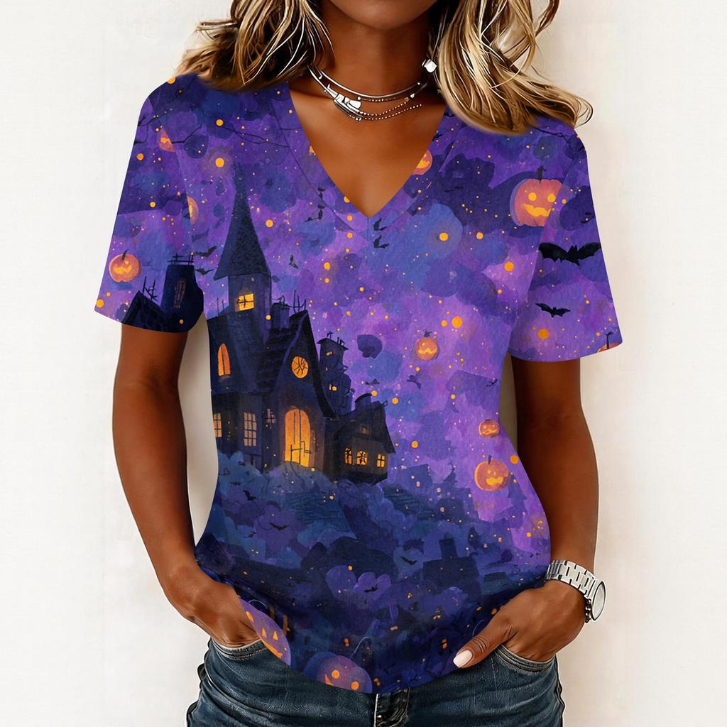 Women's Casual V Neck Pullover Top Halloween Pumpkin Print Short Sleeve Shirt Lightweight Comfortable Fit