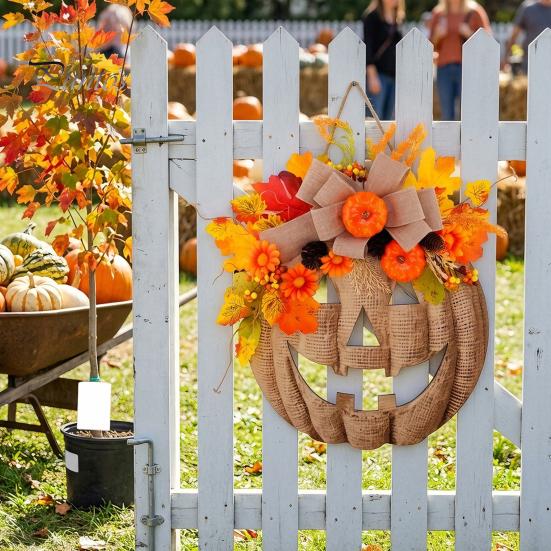 Illuminated Pumpkin Garland with Lights Wooden Halloween Door Sign LED Lights, Artificial Floral Hanging Burlap Wreath Berries Ornament for