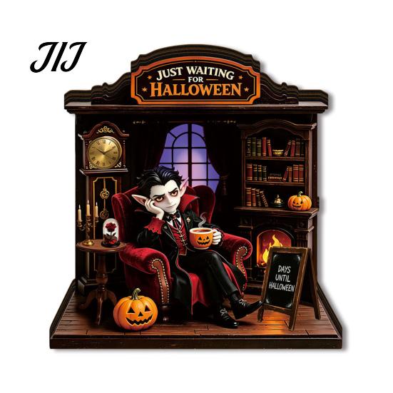 LED Halloween Scenes Vintage Glowing Wooden Tabletop Decor, Light Up 3D Scene Display Spooky Desktop Ornaments for Party, Festive Home Ornament Tiered