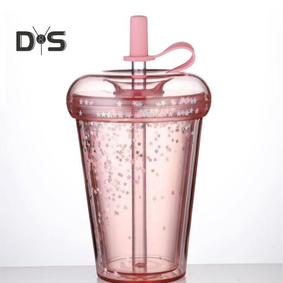 Leak-proof Iced Coffee Cup Reusable Straight Pipette Cup with Built-in Straws Double Wall Insulated Iced Coffee Tumbler Cartoon Drinking Cup