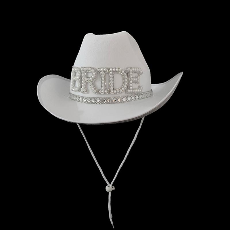 Rhinestones Women Bride Letter Cowgirl Hats Wide Brimmed Bridal Western Shinning White Fedoras Hat for Photoshoot