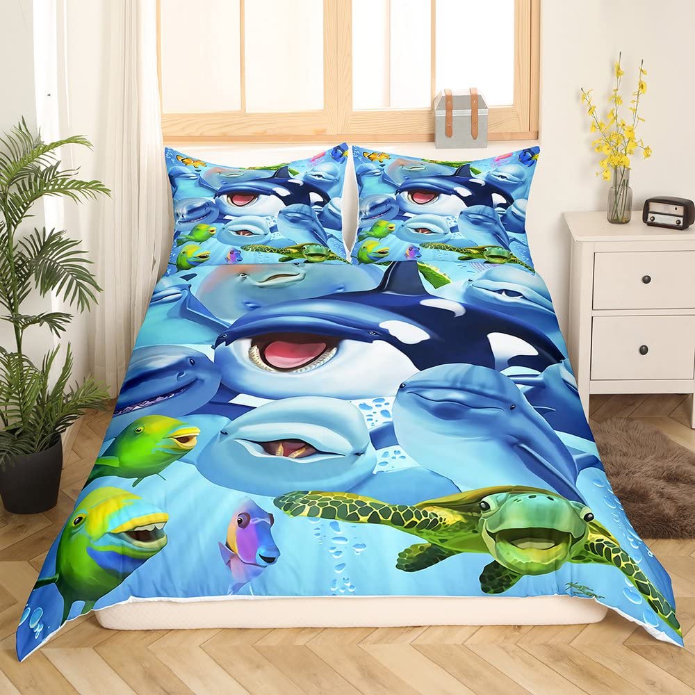 3D Wal King Queen Bettbezug Marine Life Bettwäsche Set Teal Meerestier Quiltbezug Ozean Nautischer Polyester Bettbezug