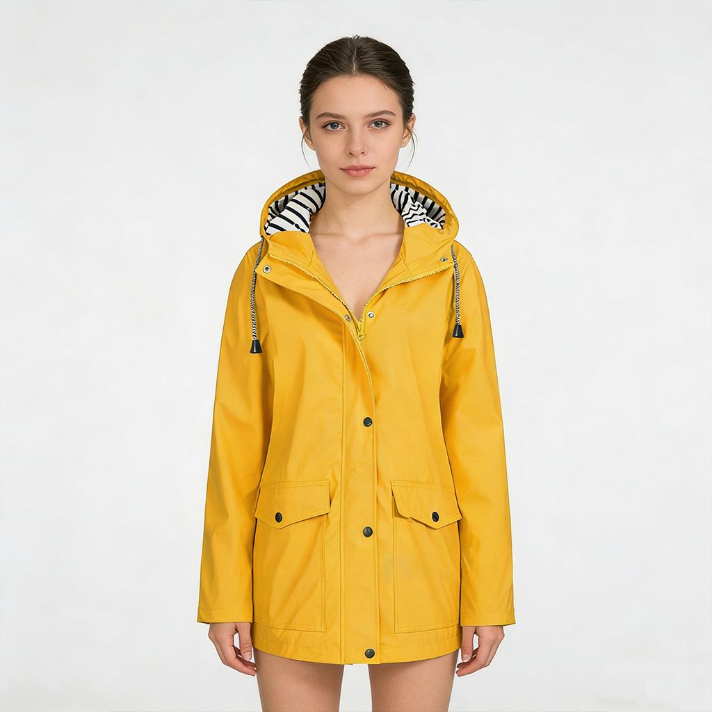 Women's Autumn and Winter Trench Coat Waterproof Women Rain Jacket Windproof Hooded Outdoor Plus Solid Raincoat