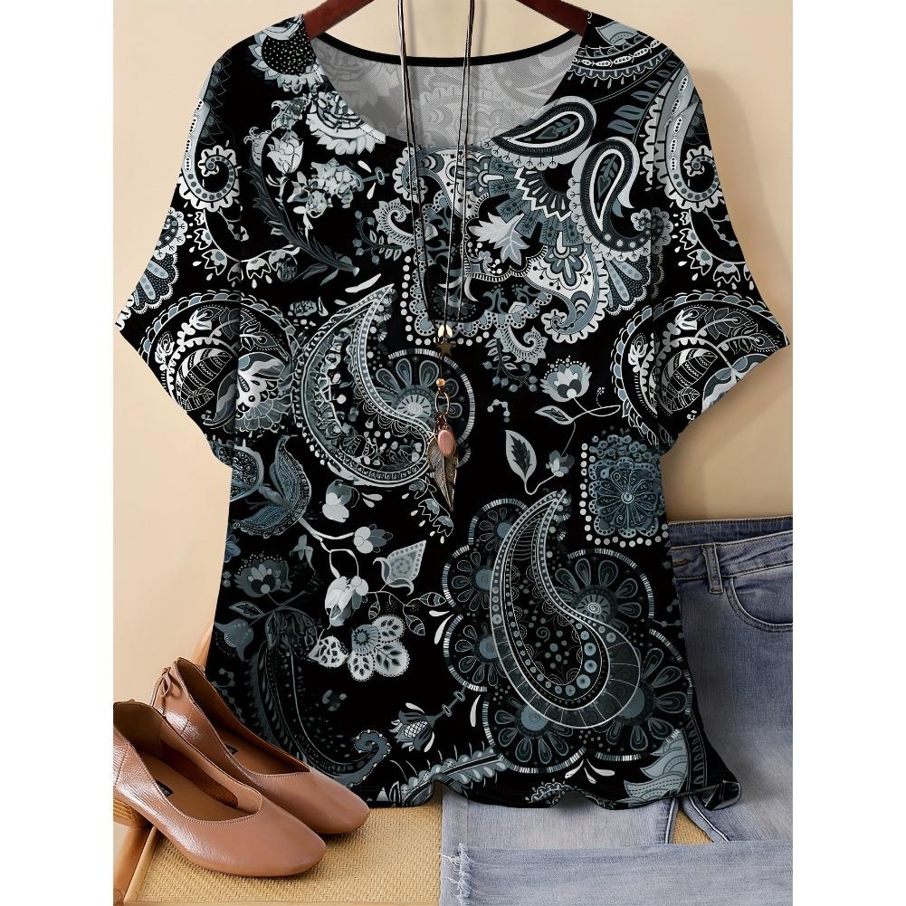 Plus Size Casual Crew Neck Short Sleeve Patchwork Print T-shirt - Miękka, średnio elastyczna tkanina poliestrowa Wiosna i lato Kobiety Luźny krój Ubrania