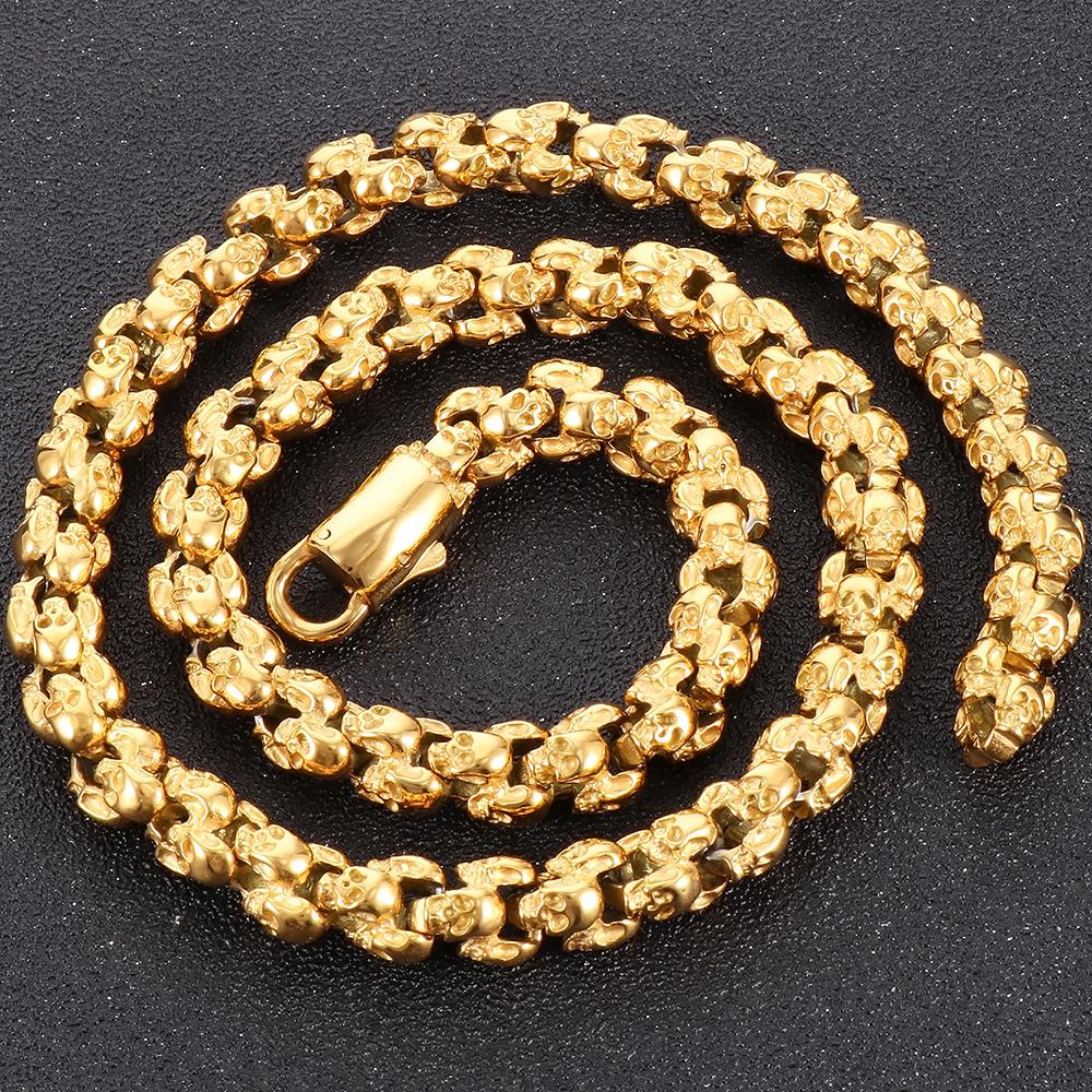 

Мужское ожерелье в стиле панк-готика со всеми черепами, цепочка из цельной нержавеющей стали, скелет, ювелирные изделия, 50–70 см, длинное ожерелье, чокер для мужчин 70CM золотой