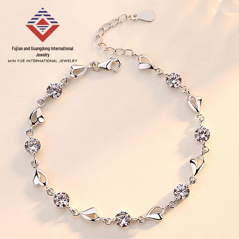 Min Yue S925 Sterling Silver Zircon Heart Bracelet - Women's Elegant Fashion Jewelry for Qixi Valentine's Day