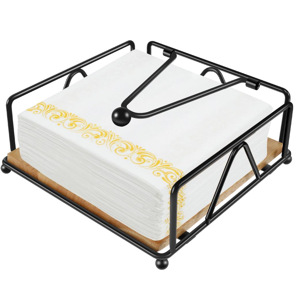Napkin Holder Iron Flat Serviette Holder Freestanding Wooden Base Square Paper Raised for Kitchen Office Table Reusable