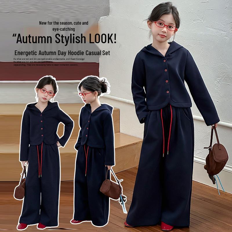 Marineblaues Herbst-Mode-Set für große Mädchen: Kapuzenjacke & Lässiges Zweiteiler-Outfit (Stil 2025)
