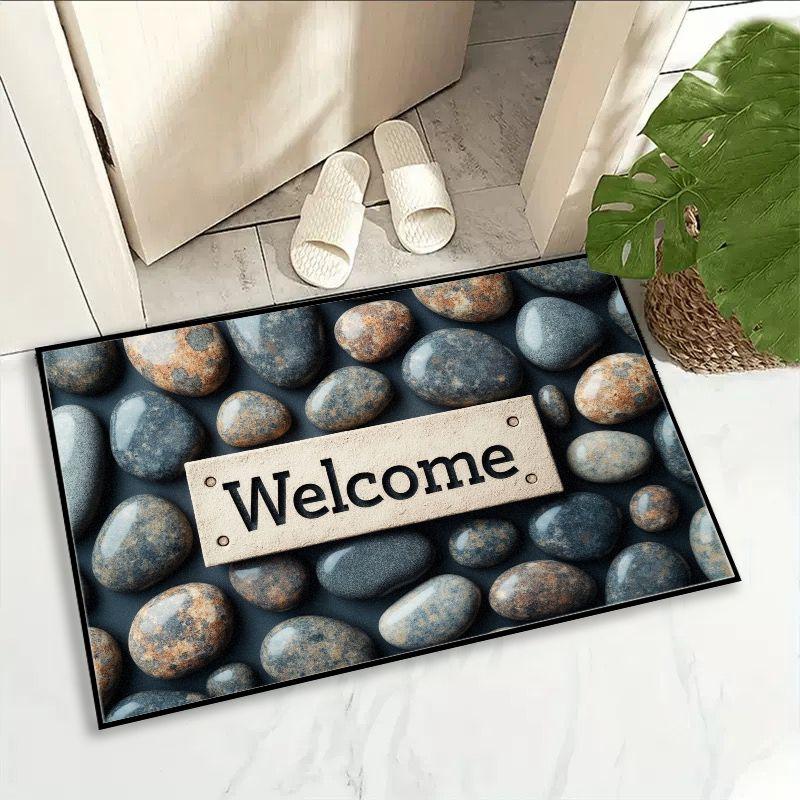 Sommer-Eingangstür heißt Sie willkommen. 3D Kiesel Teppich, Badezimmer Wasserabsorbierender und Rutschfester Teppich, Heimdekoration