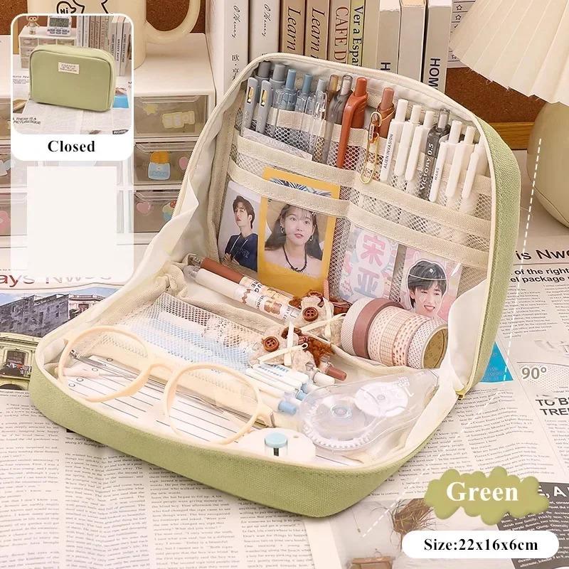 

Large Capacity Student Pencil Bags Classification Makeup Bag Durable Canvas for Student Cute Pencil Case Multifunctional Stationery Storage Bag Green-1PC