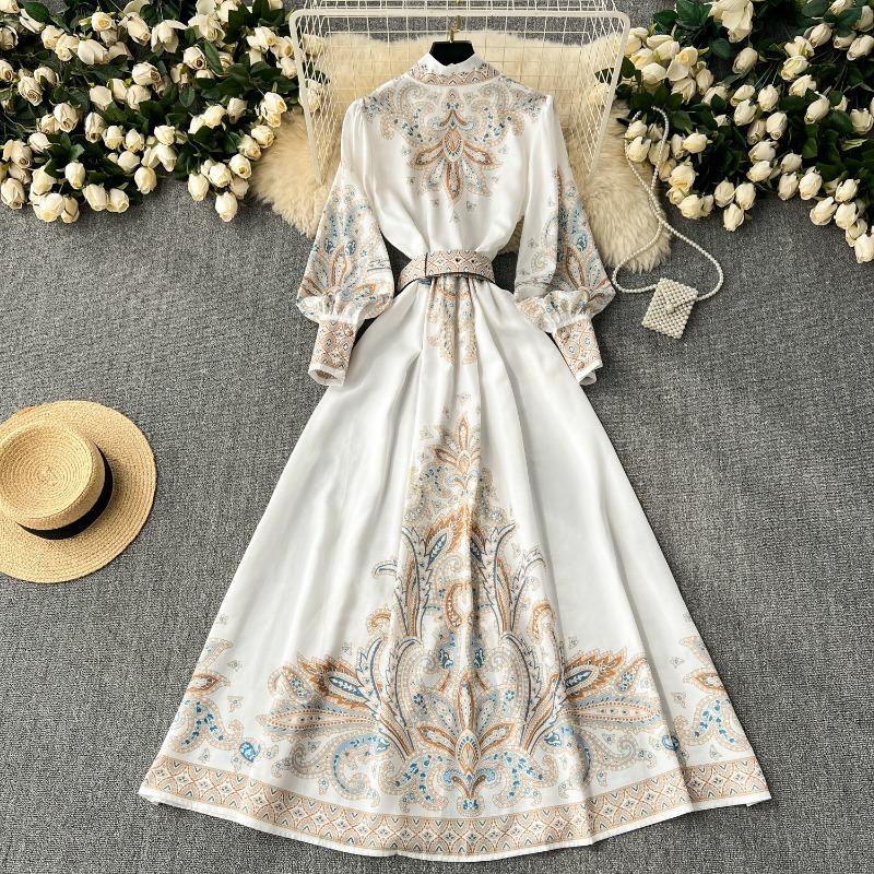 Hikigawa Chic Móda Ženy Elegantní Stojáček S límcem Přepásaný Úzký Pas Šaty Vintage Single Breasted Print Vestidos Mujer