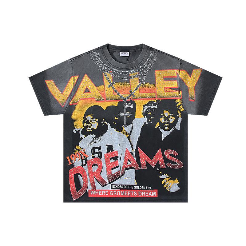 26 Cross-border foreign trade VALL Meichao high street retro washing water old direct injection hot diamond short sleeve pullover men's and women's 