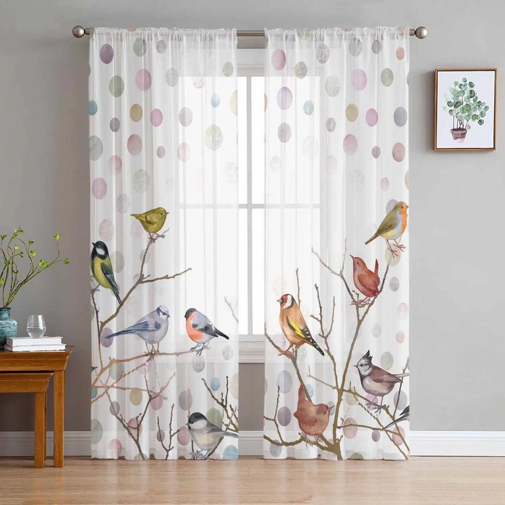 Summer Green Leaves Bird Watercolor Sheer Curtains for Living Room Decoration Window Curtain Kitchen Tulle Voile Organza Drapes