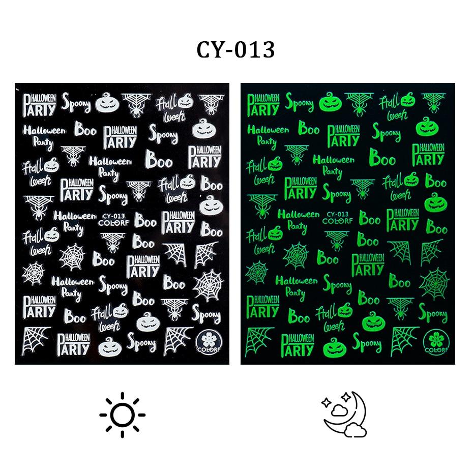 

3D Хэллоуин дизайн ногтей светится в темноте светящаяся наклейка для ногтей Тыква Паук Звезда Луна наклейки для ногтей CY-013