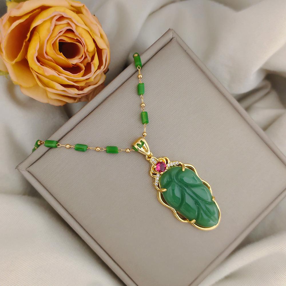 Luxurious Gold Branch Jade Leaf Necklace - Non-Fading, High-End Imitation Chalcedony