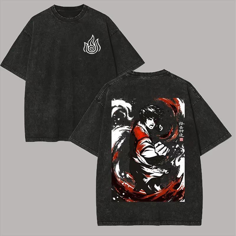 Avatar The Last Airbender Anime Katara Aang Grafisk Print Vintage Vasket Rund Hals T-shirt Mænd Kvinder Personlighed Streetwear Hip Hop Mode Oversized T-shirt