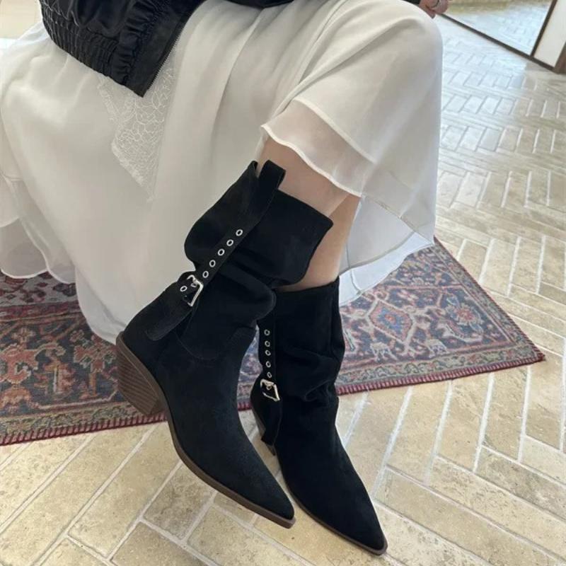 French Style Knee High Boots Women's Pointed Toe Medium Heel Boot Autumn Winter 2025 New Arrival Belt Buckle Design