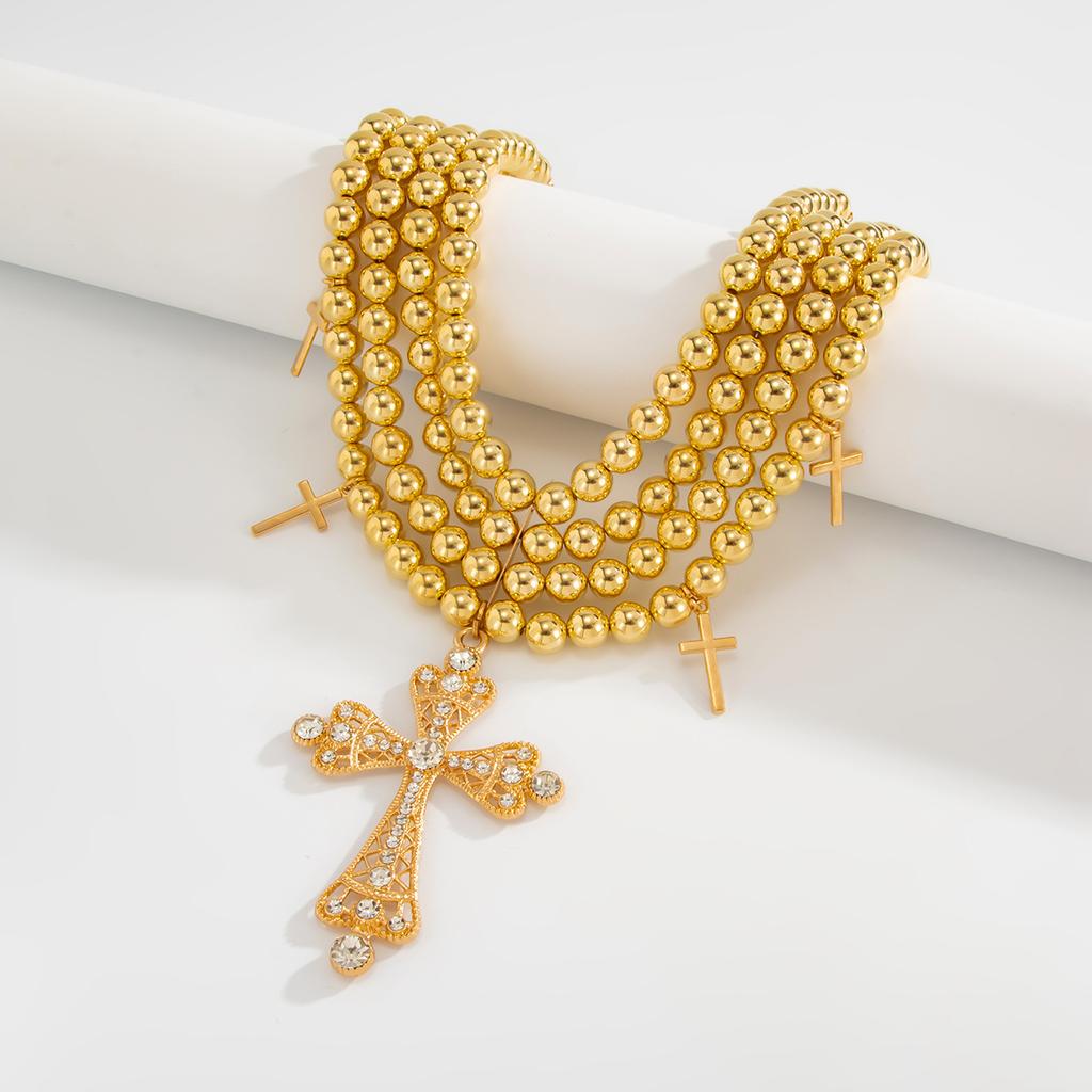 Internet Celebrity Diamond-encrusted Cross Multi-layer Necklace CCB Round Bead Beaded Light Luxury Exaggerated Lady's Necklace