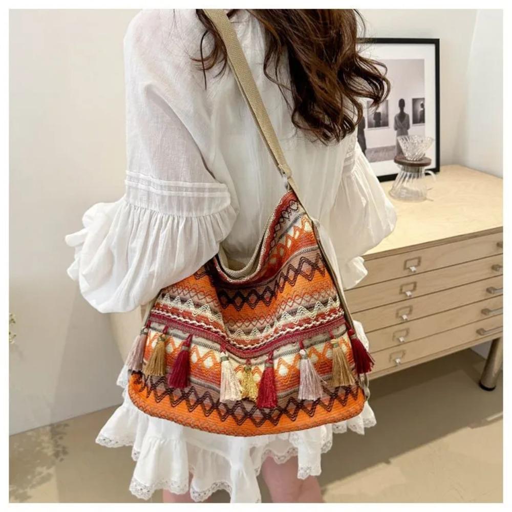 Vintage Damentasche mit Quaste, ethnisch, handgewebt, Umhängetasche für Damen, Hippie-Sling-Schultertaschen für Damenhandtasche