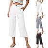 Women’s Wide Leg Cropped Pants Relaxed Fit High Waist Trousers with Pockets Button Closure Lightweight Material