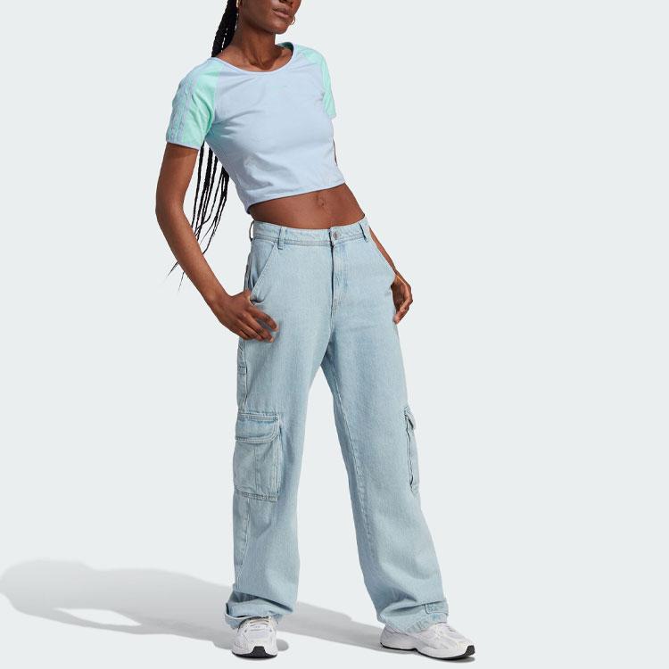 Adidas Originals Trefoil Short Tee With Logo Letter Print and Color Block Women Tops Light-Pink Blue IT8154