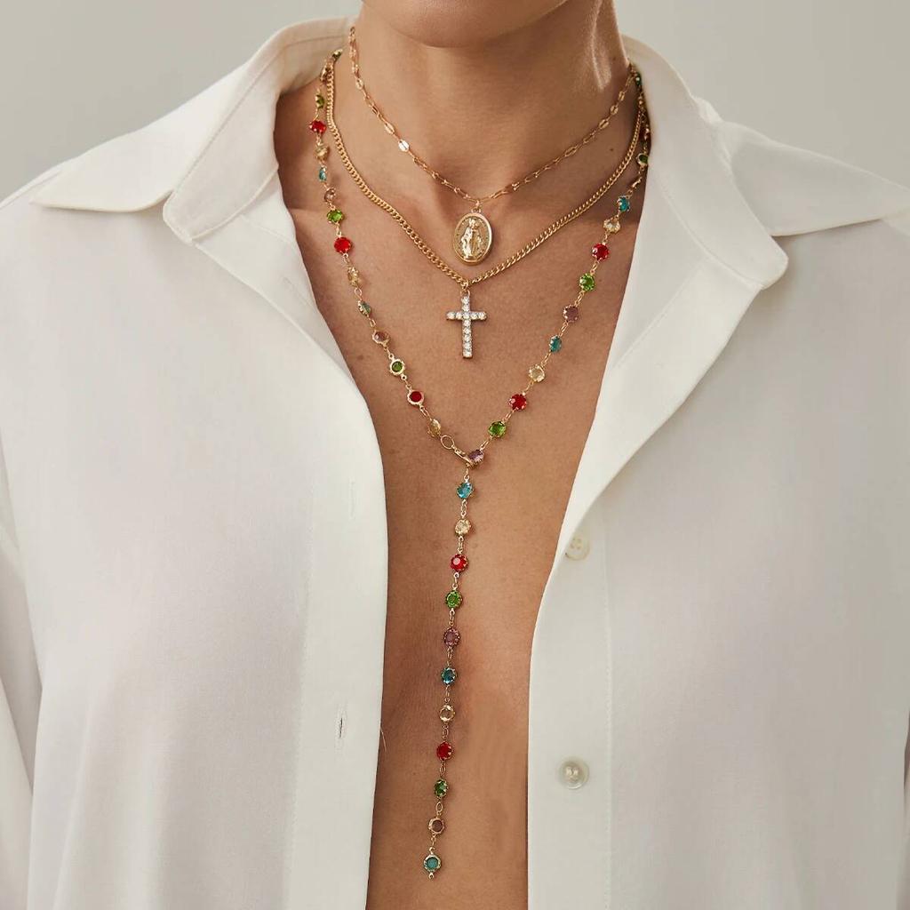 Salircon 3 Pcs/Set Trendy Simple Cross Pendant Necklace Women Hip Hop Sexy Metal Tassel Colourful Crystal Clavicle Chain Jewelry