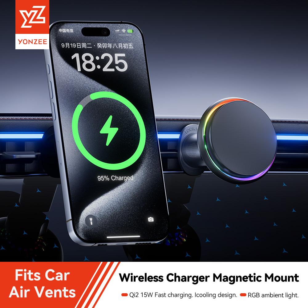 YZ RGB Magnetic Wireless Charger Car Phone Holder Qi2 15W Fast Charging Wireless Car Charger Holder For All Phones Accessories