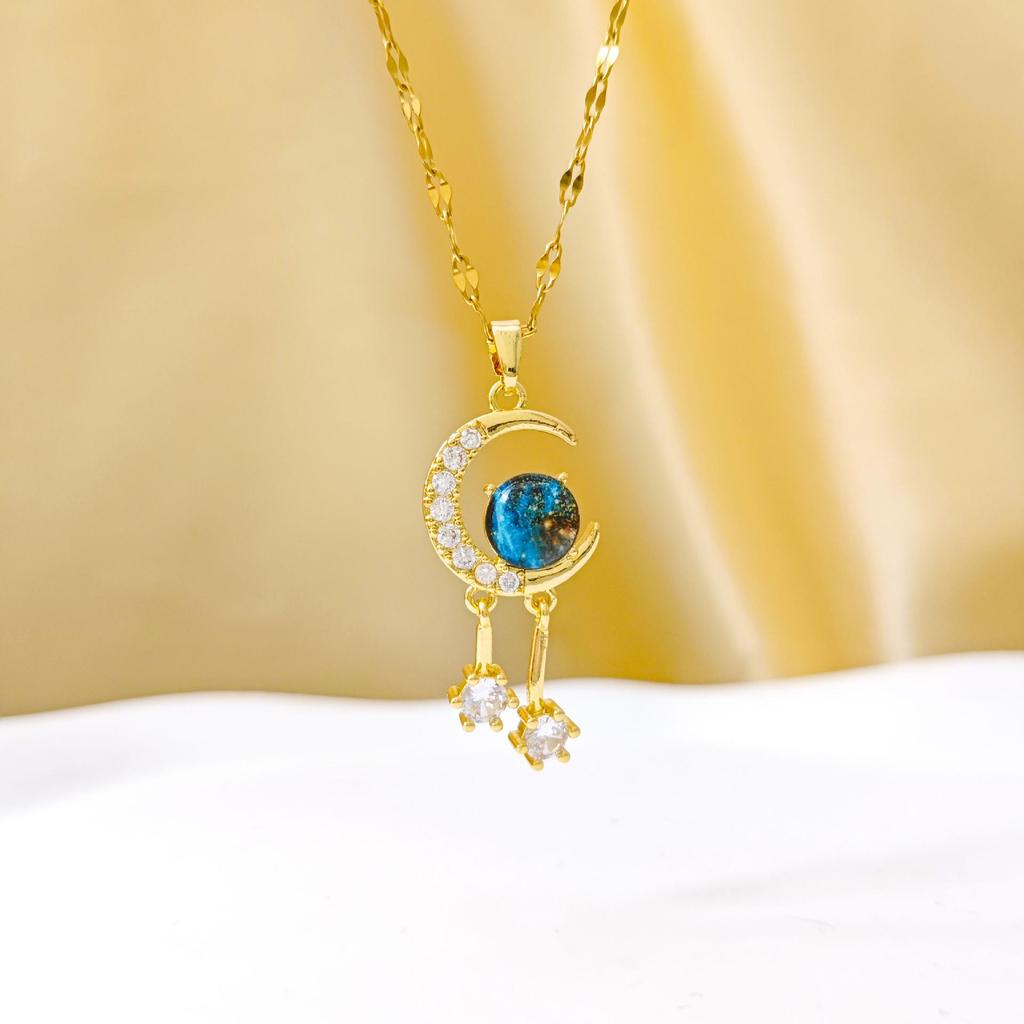 Women's Zircon Moon Planet Pendant Necklace - New Luxury Titanium Steel Design